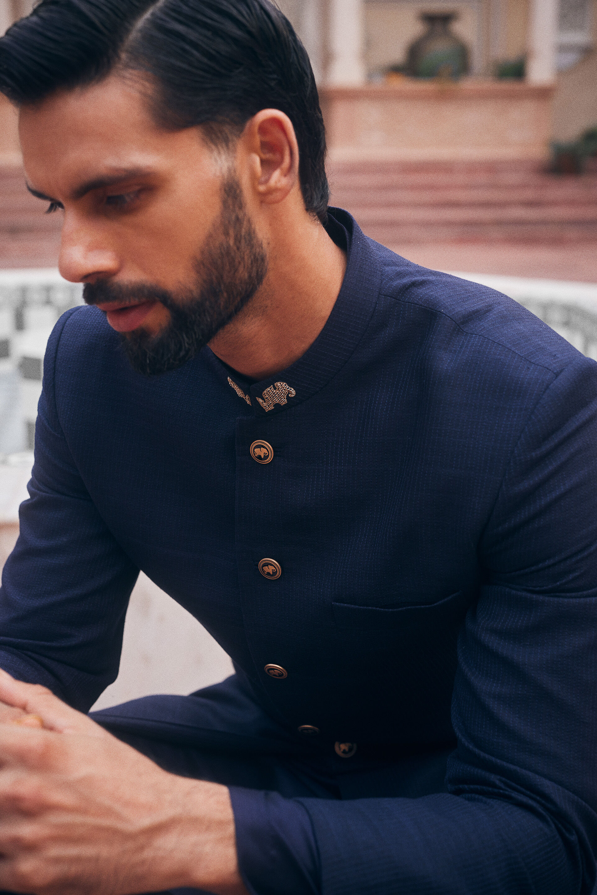 Shravas Silk Sherwani - Navy Blue, Navy, image 4